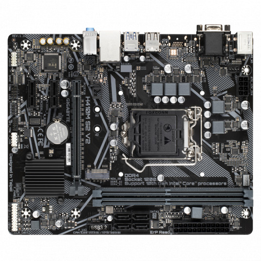 Gigabyte H410M S2 V2 1.0 M/B Prosessoriperhe Intel, Prosessorikanta LGA1200, DDR4 DIMM, Muistipaikat 2, Tuetut kiintolevyliitännät SATA, M.2, SATA-liittimien määrä 4, Intel H -piirisarja, Micro ATX