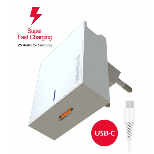 Swissten Premium 25 W Samsung Super Fast Charging -matkalaturi 1,2 m USB-C-USB-C-kaapelilla Valkoinen