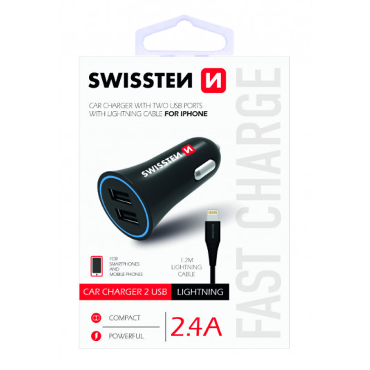 Swissten Premium Autolaturi 12 / 24V / 1A + 2.1A + Lightning Datakaapeli 100 cm Musta