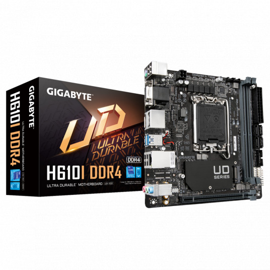 Gigabyte H610I DDR4 1.0 M/B Prosessoriperhe Intel, Prosessorikanta LGA1700, DDR4 DIMM, Muistipaikat 2, Tuetut kiintolevyliitännät SATA, M.2, SATA-liittimien määrä 4, Piirisarja Intel H610 Express, Mini-ITX