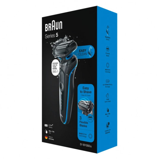 Braun Shaver 51-B1000s Käyttöaika (enintään) 50 min, märkä ja kuiva, musta/sininen