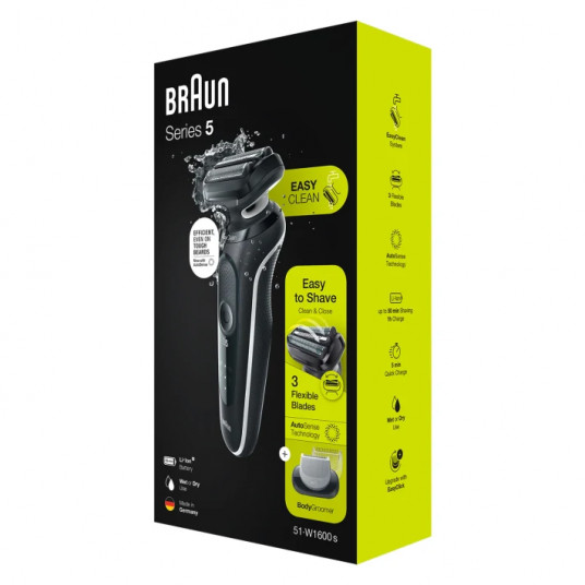 Braun Shaver 51-W1600s Käyttöaika (enintään) 50 min, märkä ja kuiva, musta/valkoinen