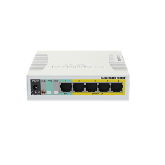 Verkkokytkin MikroTik Switch RB260GSP (Taifatech TF470, 96K SRAM, 5x1GbE RJ45, 1x1GbE SFP, Layer 2, PoE-lähtö porteissa 2-5, MikroTik SwOS)