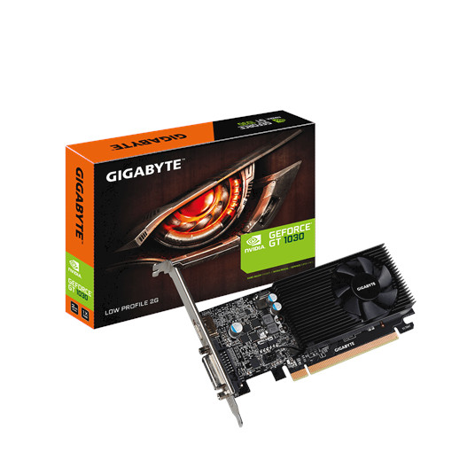 Gigabyte NVIDIA, 2 Gt, GeForce GT 1030, GDDR5, PCI Express 3.0, jäähdytystyyppi aktiivinen, prosessorin taajuus 1257 MHz, DVI-D-portteja 1 kpl, HDMI-portteja 1 kpl, muistin kellotaajuus 6008 MHz