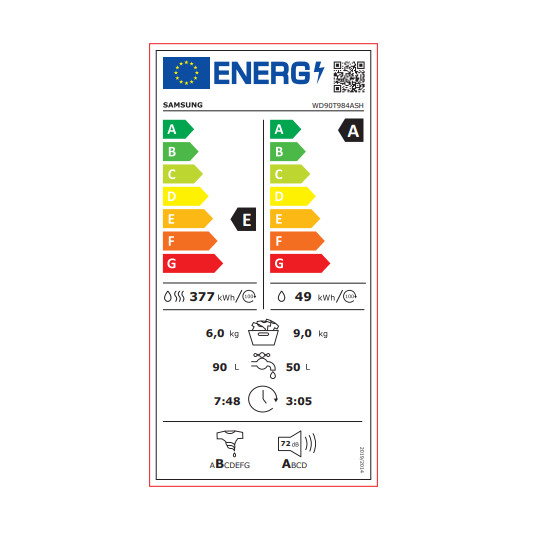 Pesukone kuivausrummulla Samsung WD90T984ASH/S7 