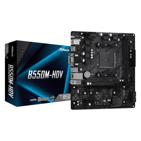 Emolevy|ASROCK|AMD B550|SAM4|MicroATX|1xPCI-Express 3.0 1x|1xM.2|1xPCI-Express 4.0 16x|Muisti DDR4|Muistipaikat 2|1x15pin D-sub|1xDVI|1xHDMI|2xUSBx2.1.0|2xUSB| /2|1xRJ45|3xAudioportti|B550M-HDV