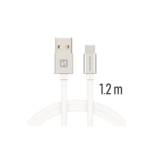 Swissten Textile Universal Quick Charge 3.1 USB-C Data- ja latauskaapeli 1,2 m hopea