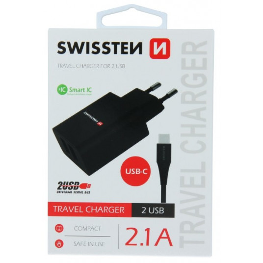 Swissten Smart IC -matkalaturi 2x USB 2.1А USB-C-kaapelilla 1,2 m musta