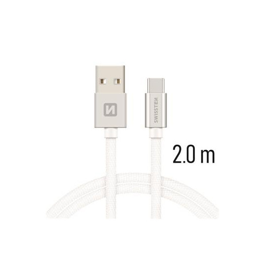 Swissten Textile Universal Quick Charge 3.1 USB-C Data- ja latauskaapeli 2m hopea