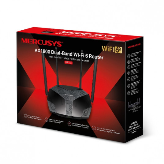Mercusys AX1800 Dual-Band WiFi 6 Reititin MR70X 802.11ax, 1201+574 Mbit/s, 10/100/1000 Mbit/s, Ethernet LAN (RJ-45) portit 3, Antennityyppi 4xKiinteä, Musta