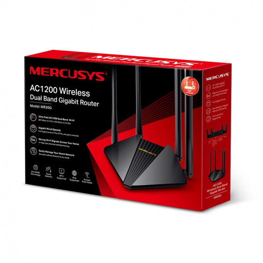 Mercusys AC1200 Wireless Dual Band Gigabit Router MR30G 802.11ac, 867+300 Mbit/s, Ethernet LAN (RJ-45) portit 2× Gigabit LAN Ports, Antennityyppi 4×5 dBi Fixed Omni-Directional Antennas