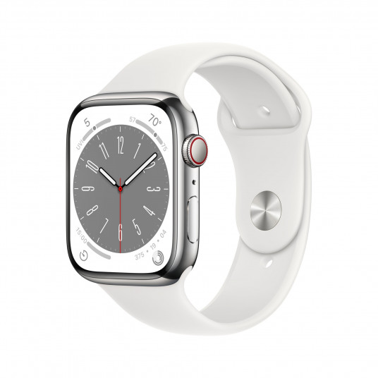 Älykello Apple Watch Series 8 GPS, 45 mm LTE hopea ruostumaton teräskuori ja valkoinen urheiluranneke – tavallinen MNKE3UL/A