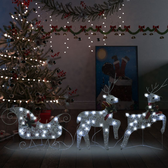 Joulukoristeita peura ja reki, hopean värinen, 60 LED