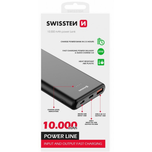Swissten Power Bank 10000 mAh 20W Power Delivery musta