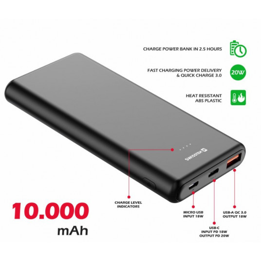 Swissten Power Bank 10000 mAh 20W Power Delivery musta