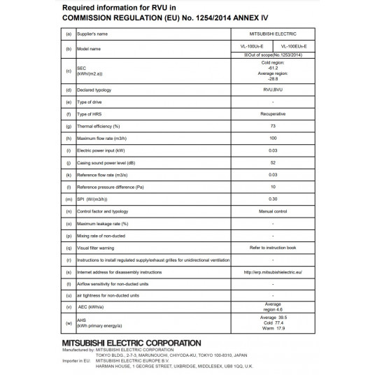 Rekuperaattori Mitsubishi Electric VL-100U5-E