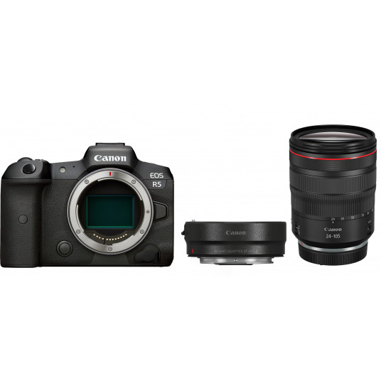 Järjestelmäkamera Canon EOS R5 + RF 24-105mm f/4L IS USM + kiinnityssovitin EF-EOS R