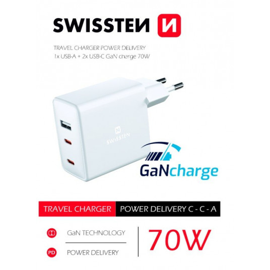 Swissten GaN -matkalaturi 2 x USB-C / USB / 70 W