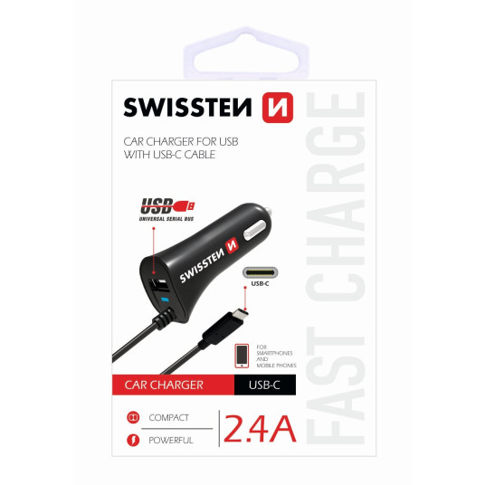 Swissten Premium Autolaturi 12 / 24V / 2,4A + irrotettava USB-C-datakaapeli 100 cm musta
