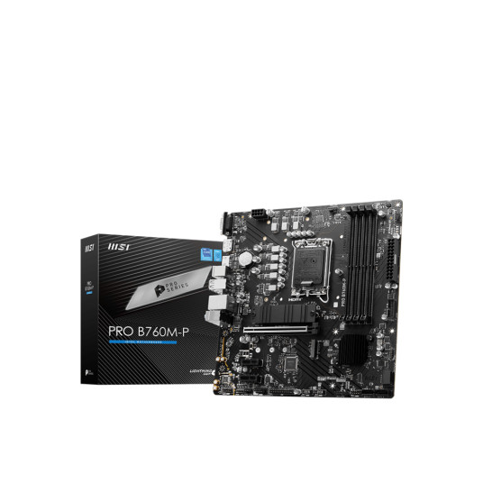 MSI PRO B760M-P Prosessoriperhe Intel, Prosessorikanta LGA1700, DDR5 DIMM, Muistipaikat 4, Tuetut kiintolevyliitännät SATA, M.2, SATA-liittimien määrä 4, Piirisarja Intel B760, mATX