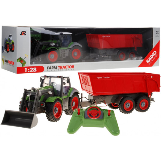 Kauko-ohjattu traktori perävaunulla 1:28, vihreä ja punainen