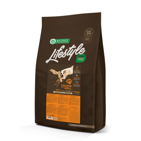 Kuivaviljaton rehu kaikenrotuisille nuorille koirille lohella ja krillillä 10 kg