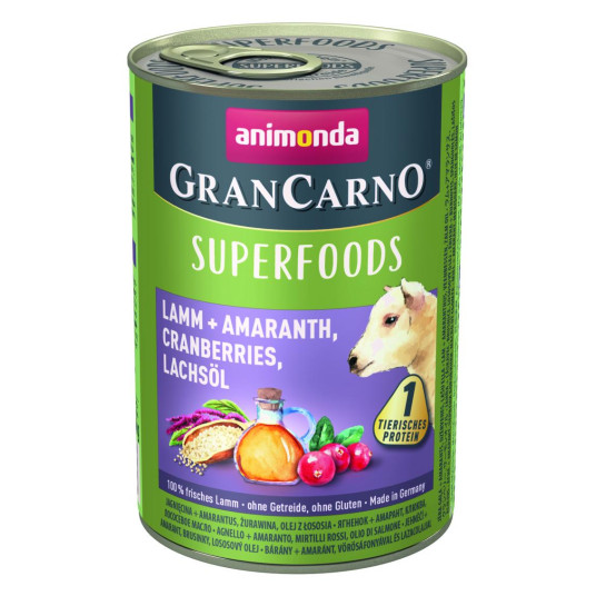 GranCarno Superfoods säilyke koirille lammas-, amarantti-, karpalo- ja lohiöljyllä 400 g