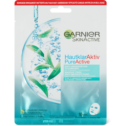 Garnier, Skin Active - Pure Active, teepuuöljy, epäpuhtauksien esto, arkkinaamio, kasvoille, päivä, 23 g
