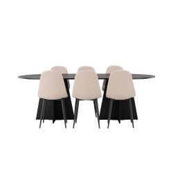 Ruokapöytä Bootcut, musta + 6 tuolia Polar, musta/beige