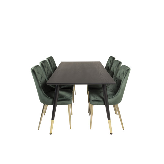 Ruokapöytä Dipp, 180x90cm, Musta + 6 tuolia Velvet Lyx, Vihreä
