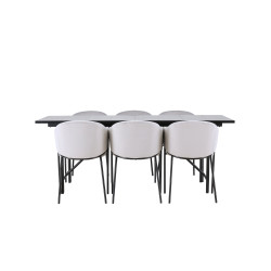 Ruokapöytä Astrid, 200x75cm, musta + 6 tuolia Evelina, musta/vaaleanharmaa