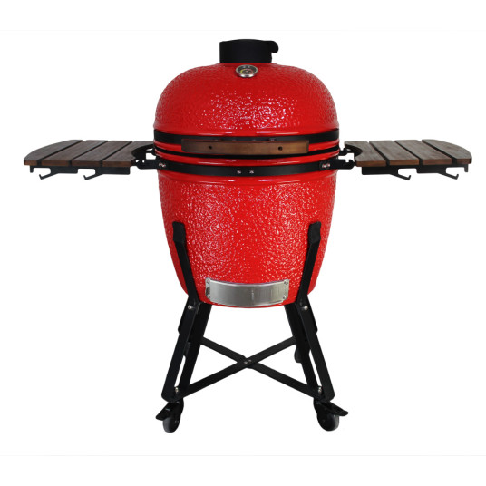 Kamado Grilli BIGGRILL 21" punainen + monitoiminen 2-vyöhykejärjestelmä + teräksinen tuhkanpuhdistustyökalu + grillin kansi + keraaminen kananpidin