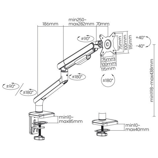 Ergo Office LCD monitoriteline, kaasujousi, VESA 75x75 ja 100x100, 17-32", 9 kg, ER-751