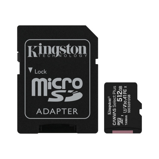 Kingston | Canvas Select Plus | 512 Gt | Micro SD | Flash-muisti luokka 10 | SD-sovitin