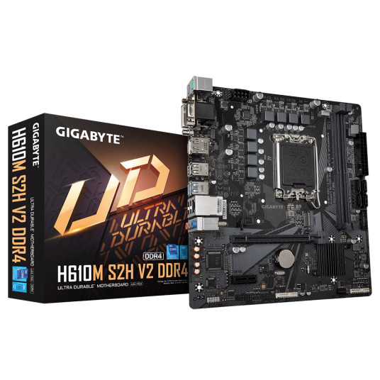 Gigabyte H610M S2H V2 DDR4 Prosessoriperhe Intel, Prosessorikanta LGA1700, DDR4 DIMM, Muistipaikat 2, Tuetut kiintolevyliitännät SATA, M.2, SATA-liittimien määrä 4, Piirisarja Intel H610 Express, Micro ATX