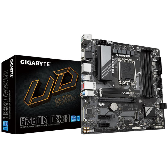 Emolevy|GIGABYTE|Intel B760 Express|LGA1700|Micro-ATX|Muisti DDR5|Muistipaikat 4|2xPCI-Express 3.0 1x|1xPCI-Express 4.0 16x|2xM.2|1x15pin D-sub|1xHDMI|2xDUS3B. 3,2|1xUSB-C|1xPS/2|1xRJ45|3xaudioportti|B760MDS3H