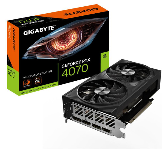 Näytönohjain|GIGABYTE|NVIDIA GeForce RTX 4070|12 Gt|GDDR6X|192 bit|PCIE 4.0 16x|Kaksipaikkainen tuuletin|1xHDMI|3xDisplayPort|GV-N4070WF2OC-12GD