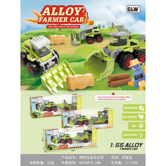 Lasten maataloustraktori 1:55 Traktori + perävaunu puutarharuiskulla