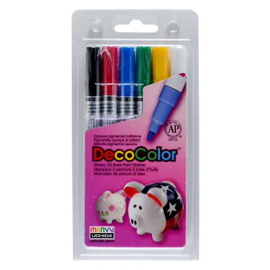 Tussit eri pintojen koristeluun Marvy Decocolor Paint Marker Fine 200-6A Primary. 6 kpl.