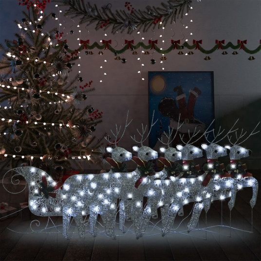 Joulukoristeita peura ja reki, hopean värinen, 140 LED