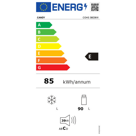 Karkkia | Jääkaappi | COHS 38E36W | Energiatehokkuusluokka E | Vapaasti seisova | Varasto | Korkeus 85 cm | Jääkaapin nettotilavuus on 90 L | 39 dB| Valkoinen