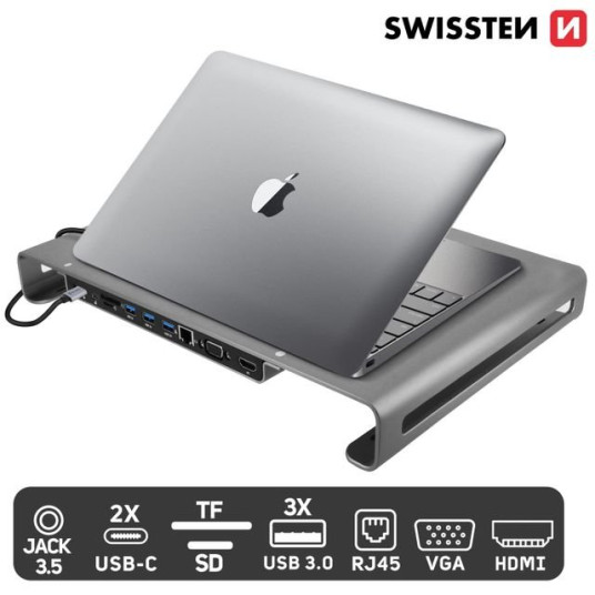 Swisstenin monitoiminen USB-C kannettavan tietokoneen telakointiasema / HDMI / USB 3.0 / 2x USB-C / RJ45 / SD / Micro SD / VGA / Audio