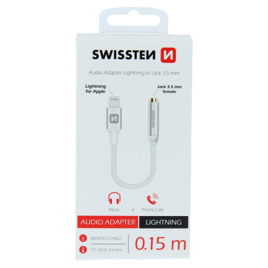 Swissten Lightning to Jack 3,5 mm äänisovitin iPhonelle ja iPadille 15 cm hopea