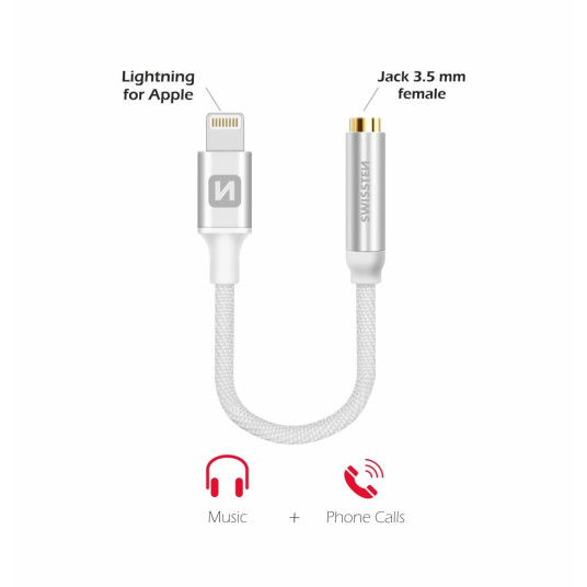 Swissten Lightning to Jack 3,5 mm äänisovitin iPhonelle ja iPadille 15 cm hopea