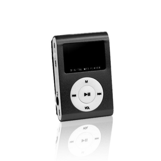 Setty MP3 Super Compact -musiikkisoitin, jossa LCD-näyttö / FM-radio ja MicroSD-korttipaikka + mustat kuulokkeet