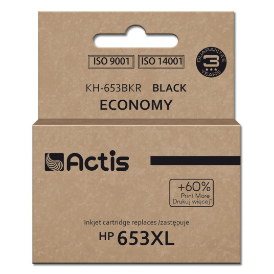 Actis KH-653BKR muste HP-tulostimeen, korvaava HP 653XL 3YM75AE; palkkio; 20 ml; 575 sivua; musta