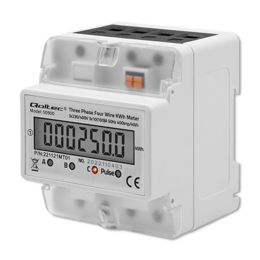 Qoltec 50900 Kolmivaiheinen elektroninen energiankulutusmittari | 400V | LCD | 4P | DIN-kisko