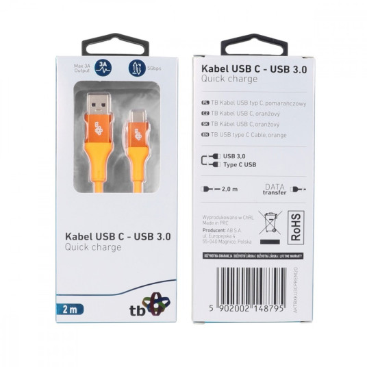 Kaapeli USB 3.0 - USB C 2m PREMIUM 3A oranssi TPE