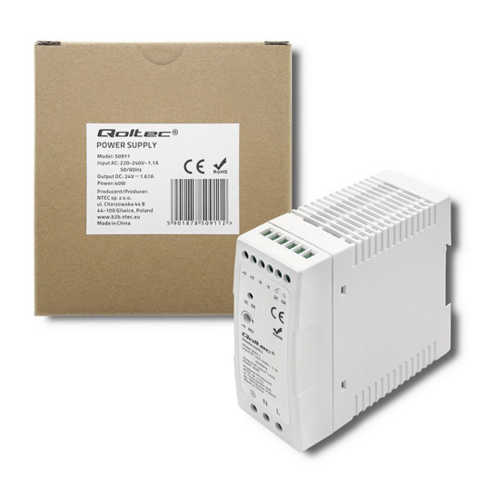 DIN-kiskovirtalähde 40W, 24V, 1,67A, ohut