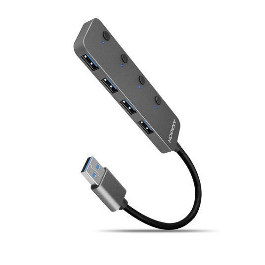 Hub HUE-MSA 4x USB3.2 Gen 1 -KYTKIN, metalli, micro USB -virtatulo, 20 cm USB-A-kaapeli